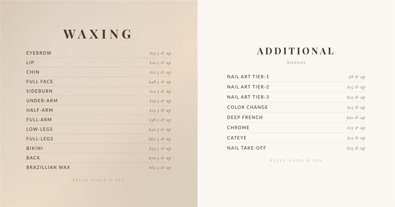 Waxing & Additional Services menu and pricing